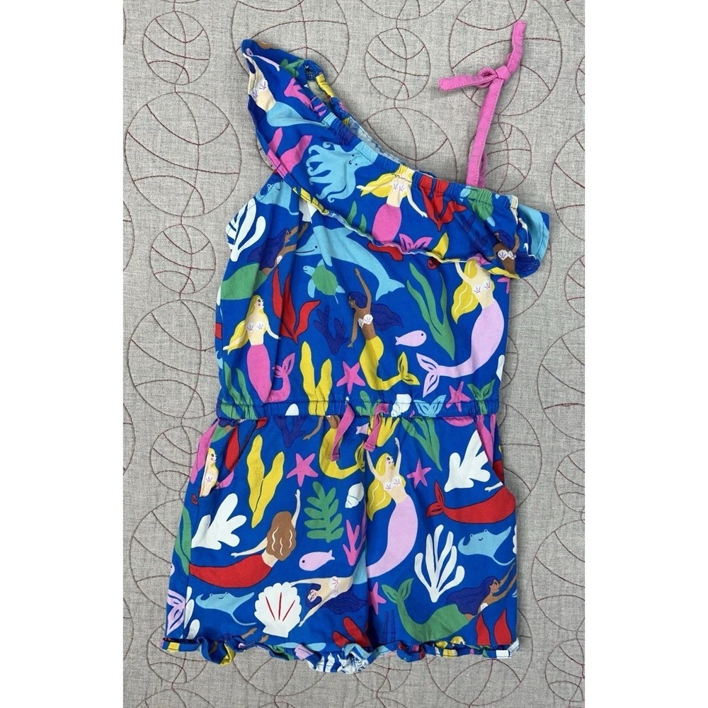Mini Boden Jersey‎ One-Shoulder Romper Shorts Playsuit Blue Mermaid Print / 6-7Y